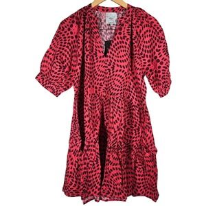 AREA STARS Red Black Polka Dot Tiered Midi‎ Dress Womens Size L Cotton V Neck